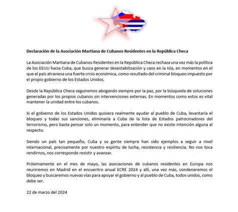 Declaración De La Asociación Martiana De Cubanos Residentes En La República Checa Embajadas Y