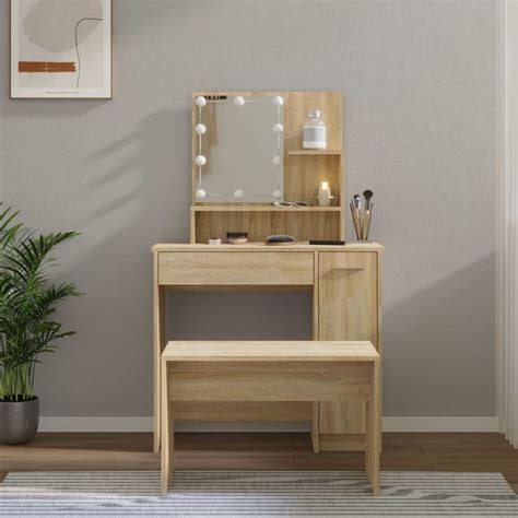 VidaXL Dressing Table Set With LED Sonoma Oak Engineered Wood Vidaxl