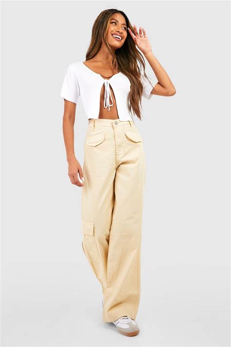 Cotton Twill Wide Leg Cargo Trousers Boohoo Uk