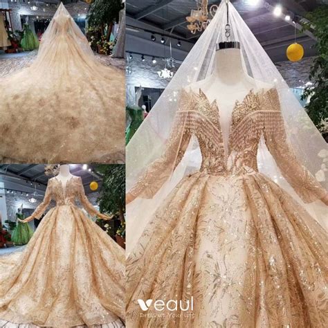 Luxury Gorgeous Gold Wedding Dresses 2019 Ball Gown Glitter Tulle