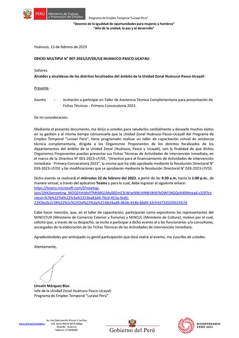 Oficio Multiple Nº 007 2023 Invitación Taller de Asistencia Técnica