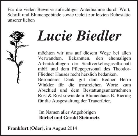 Traueranzeigen Von Lucie Biedler M Rkische Onlinezeitung Trauerportal