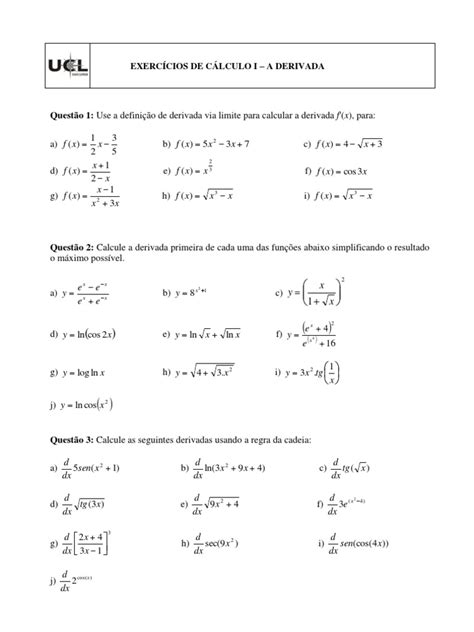 Exercícios De Cálculo I A Derivada Pdf Derivado Velocidade