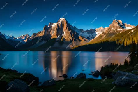 Premium AI Image | a mountain lake at night with a mountain in the ...