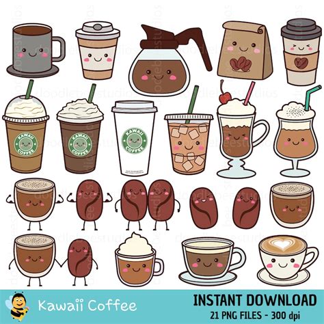 Kawaii Coffee Clipart Cute Coffee Clipart Cute Drinks Etsy