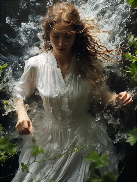 A Woman In White Dress With Her Hair Blowing In The Wind Premium AI