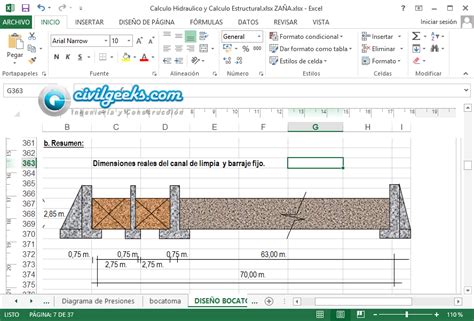 Hoja Excel para diseño hidráulico y estructural de Bocatomas