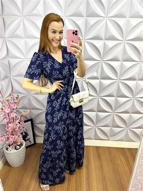 Vestido Longo Floral Alfaiataria Viviane Azul Milla Chic