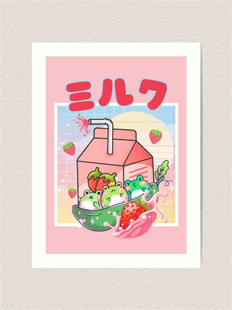 Kawaii Vaporwave Frogs Strawberry Milk Cottagecore Art Print For Sale