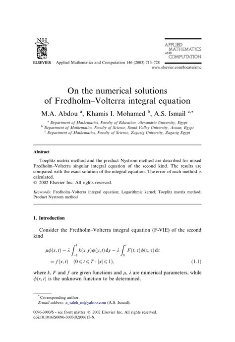 Pdf On The Numerical Solutions Of Fredholmvolterra Integral Equation