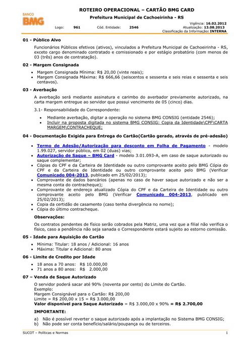 Pdf Roteiro Operacional Cart O Bmg Card Termo De Ades O Autoriza O