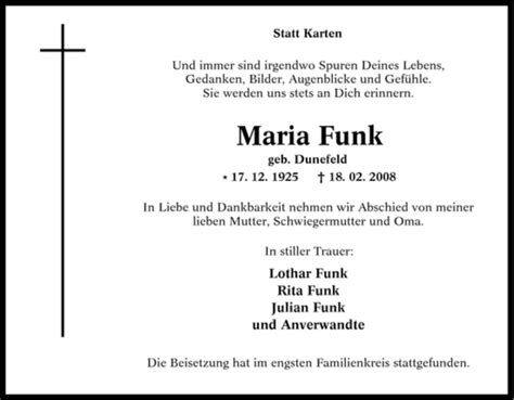 Traueranzeigen Von Maria Funk Trauer In Nrw De