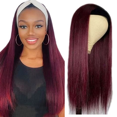 Amazon 1B99J Burgundy Headband Wig Human Hair Ombre Straight Wig