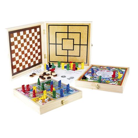 Coffret En Bois Jeux Petits Chevaux Oie Dames Jeu Cartes