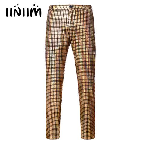 Mens Metallic Shiny Plaid Suit Disco Pants Fashion Straight Leg