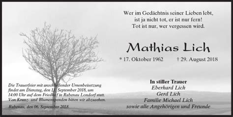 Traueranzeigen Von Mathias Lich Vrm Trauer De