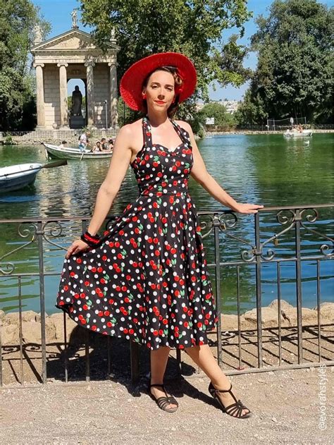 1950s Halterneck Circle Dress Cherry Polka Black Vivien Of Holloway