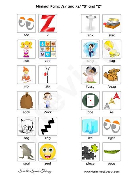 Minimal Pairs For S And Z Phonemes For Speech Therapy Practice Pages