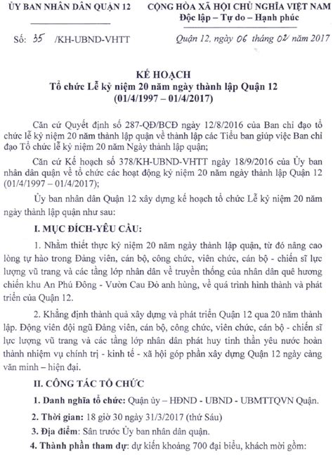 Kế hoạch Tổ chức Lễ Kỷ niệm 20 năm ngày thành lập Quận 12 01 4 1997