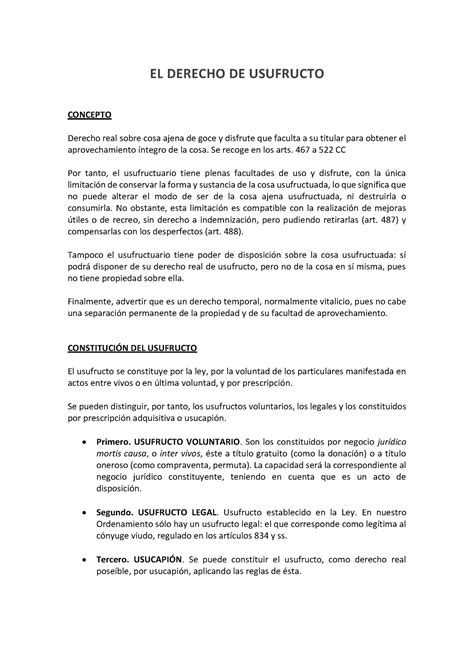 Resumen EL Usufructo EL DERECHO DE USUFRUCTO CONCEPTO Derecho Real