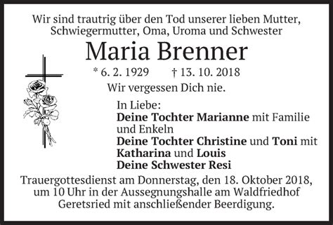 Traueranzeigen Von Maria Brenner Trauer Merkur De