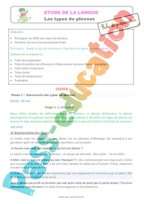 S Quence Fiche De Pr Paration Phrase Types De Phrase Ce Pdf