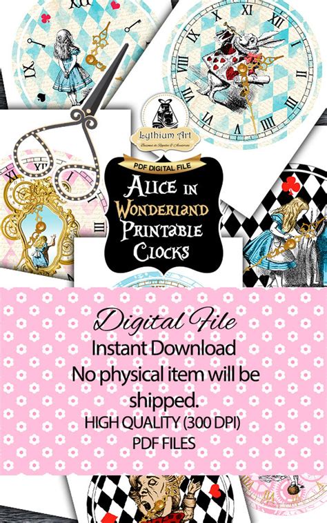 Alice In Wonderland Clocks Printable Clock Vintage Alice Etsy