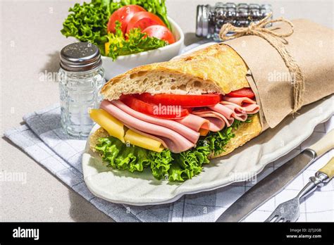 Panini Sandwich With Ham Crispy Salad And Vegetables Healthy Food To