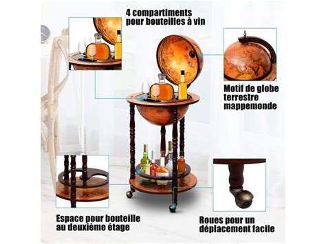 Costway Bar Globe Terrestre Avec Roues Porte Bouteilles En Bois