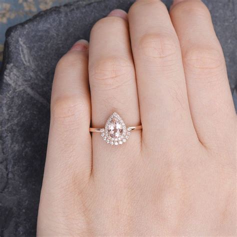 Pear Shaped Morganite Engagement Ring Rose Gold Morganite Ring Double