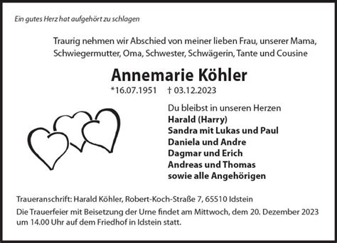 Traueranzeigen von Annemarie Köhler vrm trauer de