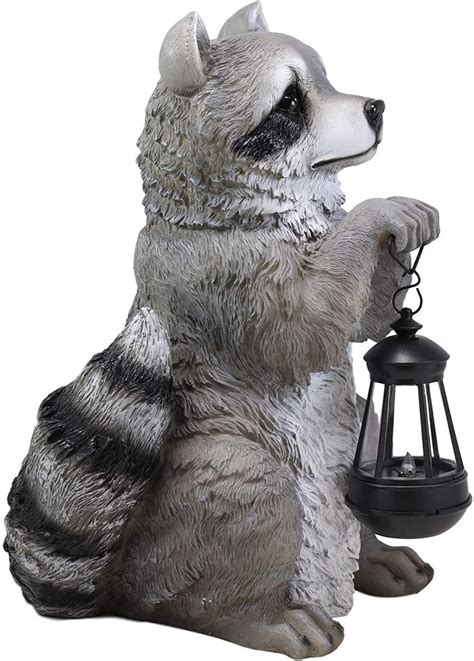 Ebros Night Bandit American Raccoon Statue Holding Solar Lantern Led