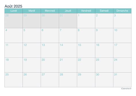 Calendrier août 2025 à imprimer