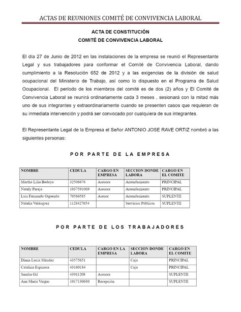 Actas DE Reuniones Comité DE Convivencia Laboral ACTAS DE REUNIONES