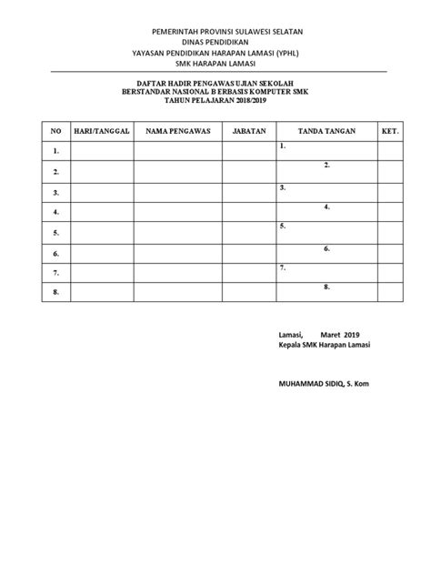 Daftar Hadir Pengawas Ujian Sekolah Pdf