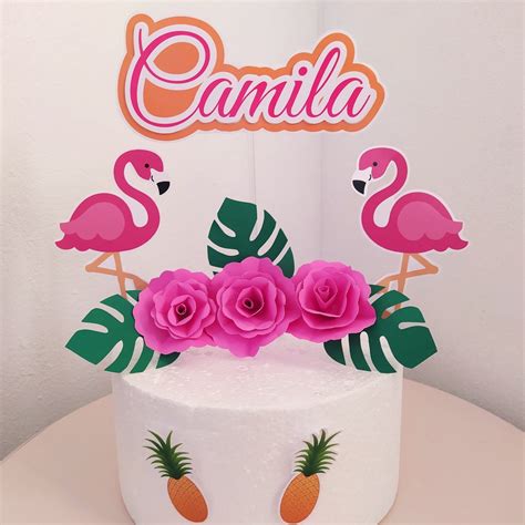 Topo De Bolo Flamingo Tropical Topper Luxo Personalizado Todos Os