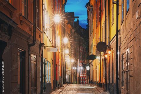 Stockholm, Sweden. Night View Of Traditional Stockholm Street ...