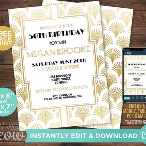 Art Deco Birthday Roaring 20s Invitation Invite 1920 Party Etsy