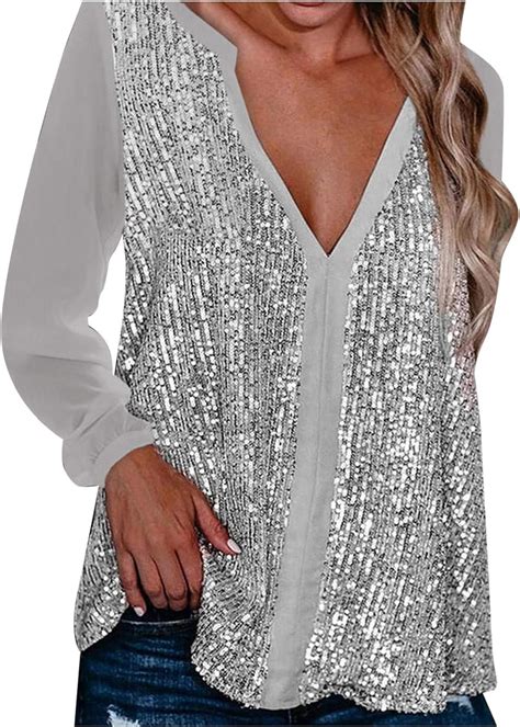 MITIY Women Loose Blouse Sexy V Neck Collar Sequin Color Long Sleeve