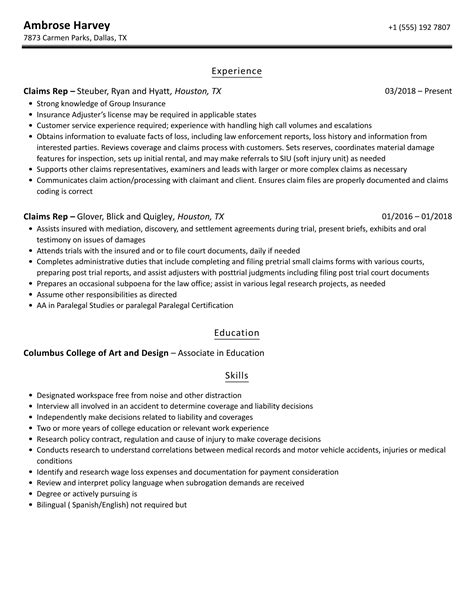 Claims Rep Resume Samples | Velvet Jobs