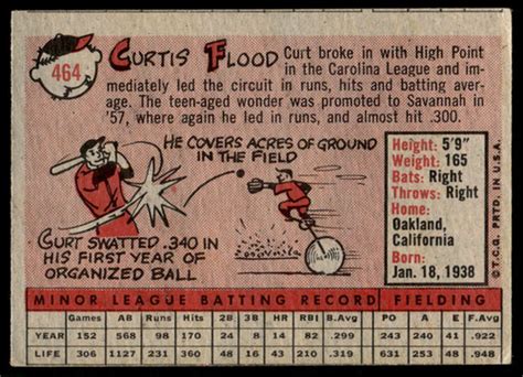 1958 Topps 464 Curt Flood St Louis Cardinals ROOKIE EX EXMINT NO