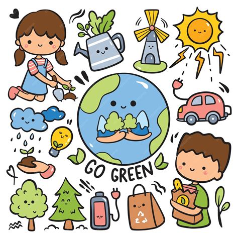 Doodle De Ecología De Dibujos Animados Dibujados A Mano Go Green