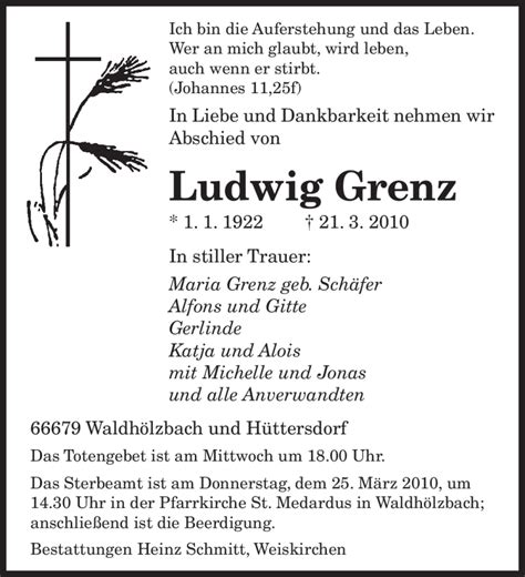 Traueranzeigen Von Ludwig Grenz Saarbruecker Zeitung Trauer De