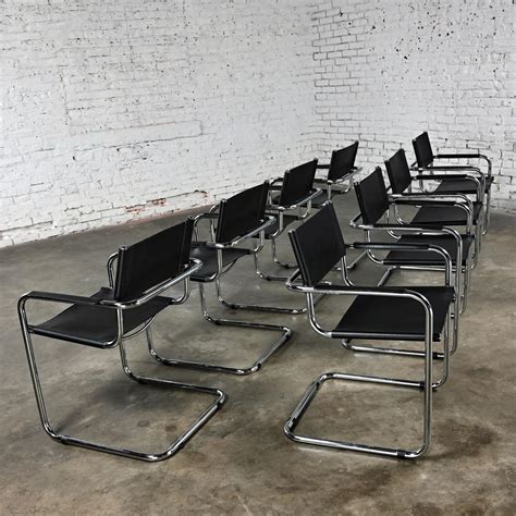 Bauhaus Black Leather And Chrome Cantilever Italian Chairs Attributed