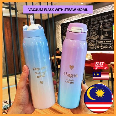 Local Product Ml Vacuum Flask Thermos Cup With Straw Metal Hot Cold Drink Bekal Botol