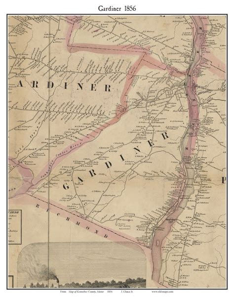 Gardiner 1856 Old Town Map With Homeowner Names Maine Reprint Genealogy Kennebec County Me Tm Etsy