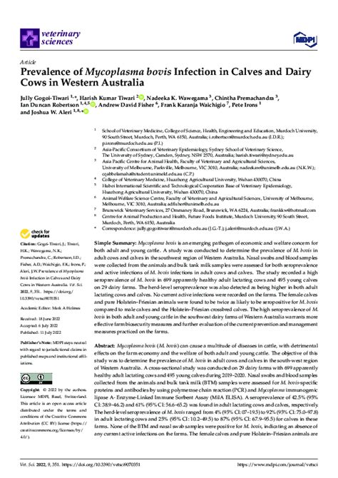 Pdf Prevalence Of Mycoplasma Bovis Infection In Calves And Dairy Cows