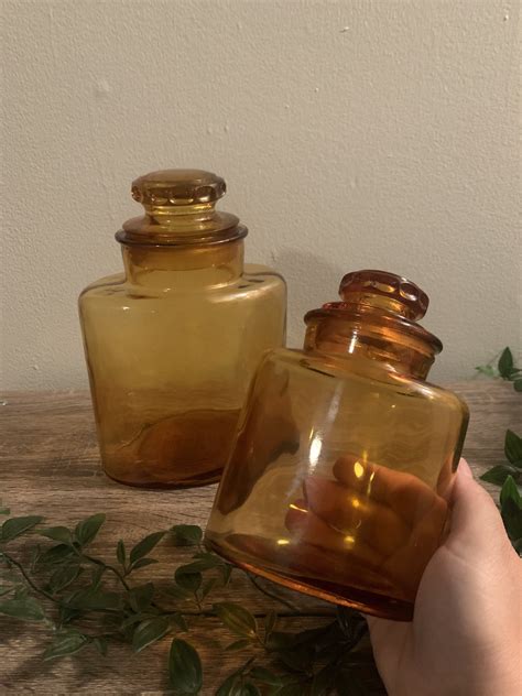 Mid Century Modern Retro Amber Glass Storage Jars 2 With Lids Kitchen Canisters Apothecary Jars