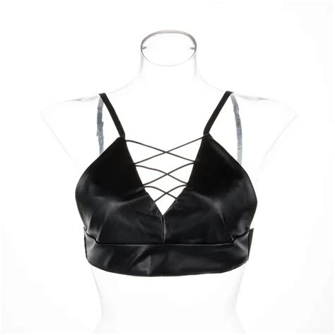 Black Solid Pu Leather Summer Tank Tops Bustier Bra Short Vest Sleeveless Halter Bandage Design