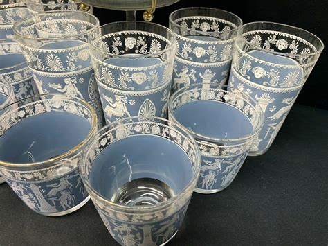 13 Pieces ~ Jeanette Glass Wedgwood Blue Hellenic Tumblers And Ice Bucket 3849465676